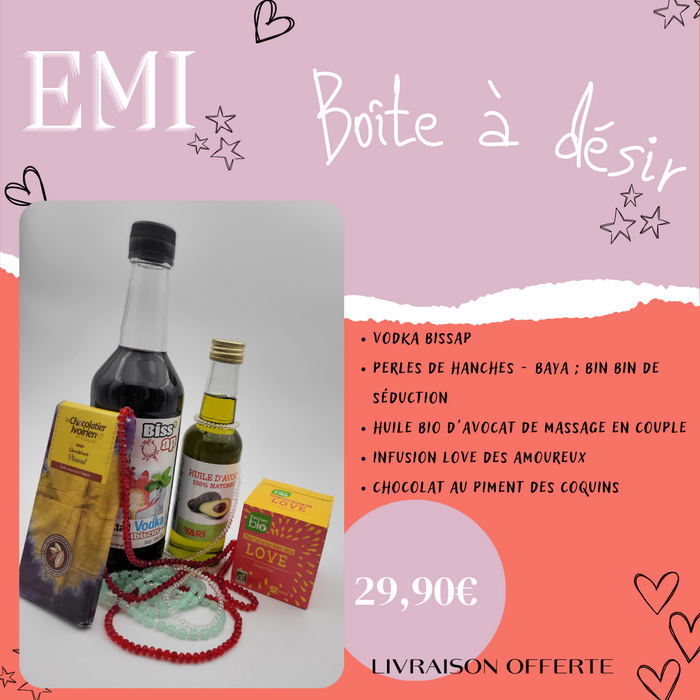 Boîte à désir "EMI" St-Valentin ❤️ - (Vodka Bissap, Bin bin + Huile d'avocat, Infusion Love, Chocolat au piment) - LIVRAISON OFFERTE 🎁